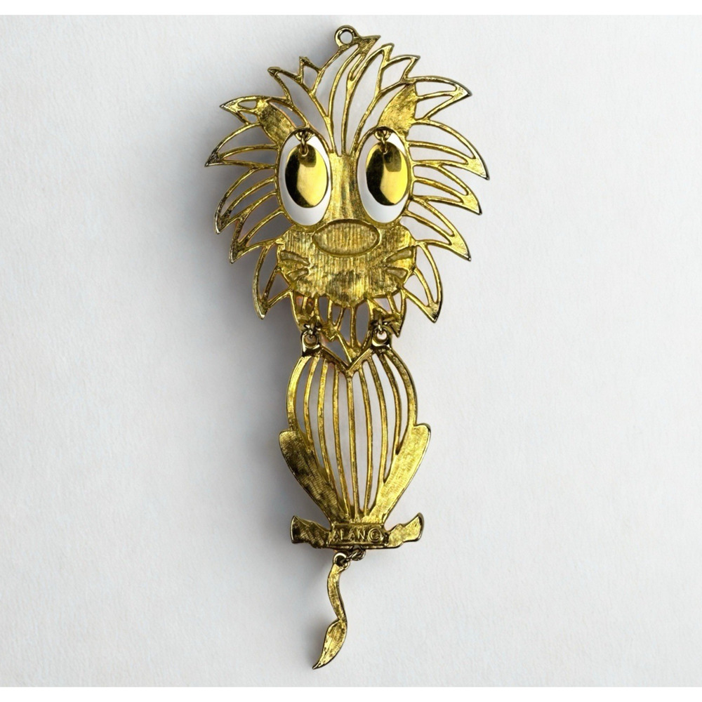 Vintage Retro Lion Gold Tone Pendant Articulated Eyes Tail MCM 32 G Signed Alan